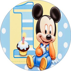 Cialda per Torta 1° Compleanno Baby Topolino decorazione alimentare Senza Glutine Topper Cake (Rotonda) (Ostia, 18 cm)