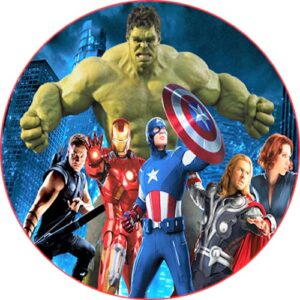 Cialda per torta AVENGERS Hulk, Capitan America, Iron Man, Thor, decorazione alimentare senza glutine topper cake img 01 (Pasta di zucchero, 20 cm)