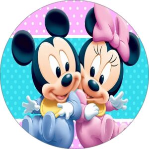 Cialda per torta Baby Topolino e Baby Minnie Topolina Compleanno Bambina Decorazione alimentare personalizzabile Gluten free Topper Cake Design (Formato rotondo) img 1