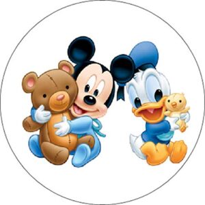 Cialda per torta Baby Topolino e Baby Paperino Compleanno Bambina Decorazione alimentare personalizzabile Gluten free Topper Cake Design (Formato rotondo) img 2