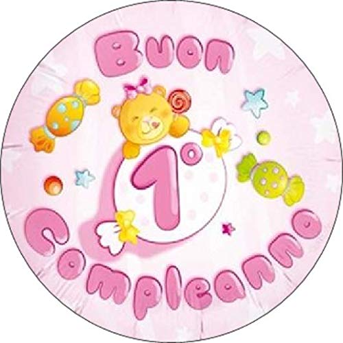 Cialda per torta Buon Primo Compleanno Bambina Decorazione alimentare senza glutine Topper Cake ( rotondo) (Ostia, 18 cm)