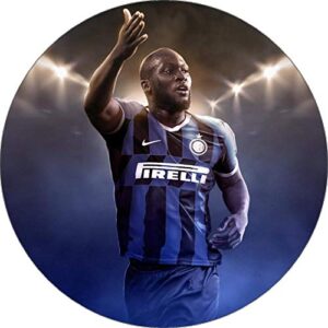 Cialda per torta Calcio Inter LUKAKU decorazione alimentare senza glutine topper cake rotondo 5 (Pasta di zucchero, 16 cm)