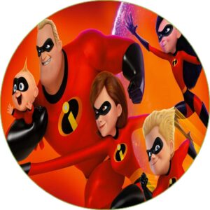 Cialda per torta GLI INCREDIBILI Decorazione alimentare Senza Glutine personalizzazione grafica inclusa topper cake rotondo 1