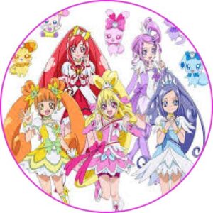 Cialda per torta GLITTER FORCE Doki Doki decorazione alimentare senza glutine topper cake rotondo 2 (Pasta di zucchero, 20 cm)
