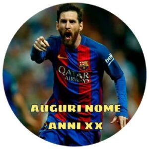 Cialda per torta LEO MESSI BARCELLONA decorazione alimentare senza glutine topper cake img 01 (Ostia, 18 cm)