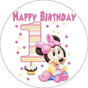 Cialda per torta Primo Compleanno Baby Minnie Decorazione alimentare Senza Glutine Topper Cake ( rotondo) (Pasta di zucchero, 18 cm)