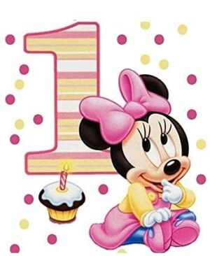 Cialda per torta Primo Compleanno Baby Minnie Topolina Decorazione alimentare Senza Glutine Topper Cake (Rettangolare) (Pasta di zucchero, 25 x 15 cm)