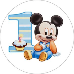 Cialda per torta Primo Compleanno Baby Topolino Decorazione alimentare Senza Glutine Topper Cake ( rotondo) img 1 (Pasta di zucchero, 16 cm)