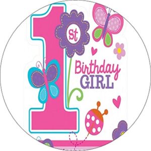 Cialda per torta Primo Compleanno Bambina Decorazione alimentare personalizzabile Senza Glutine Topper Cake Design (Formato rotondo)