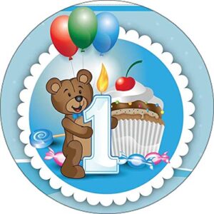 Cialda per torta Primo Compleanno Bambino Orsetto Decorazione alimentare personalizzabile Gluten free Topper Cake Design (Formato rotondo)