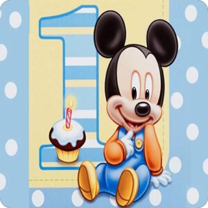 Cialda per torta Primo Compleanno Topolino Decorazione alimentare Senza Glutine Topper Cake (quadrata) (Pasta di zucchero, 20 x 20 cm)
