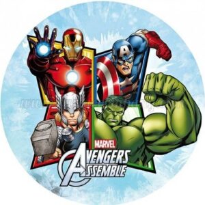 Cialda rotonda per torta AVENGERS Hulk, Capitan America, Iron Man, Thor, decorazione alimentare senza glutine personalizzazione grafica inclusa topper cake design img 06 (Ostia, 20 cm)
