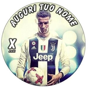 Cialda rotonda per torta CRISTIANO RONALDO CR7 JUVENTUS decorazione alimentare senza glutine personalizzazione grafica inclusa topper cake design img 7