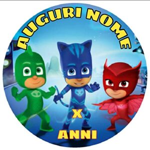 Cialda rotonda per torta Super Pigimini Gattoboy Geco Gufetta decorazione alimentare senza glutine personalizzazione grafica inclusa topper cake design img 01 (Pasta di zucchero, 16 cm)