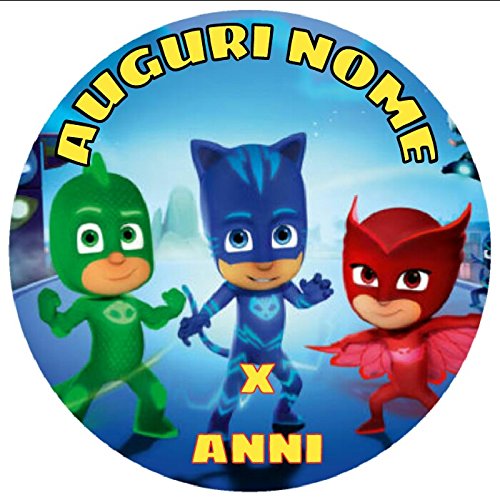 Cialda rotonda per torta Super Pigimini Gattoboy Geco Gufetta decorazione alimentare senza glutine personalizzazione grafica inclusa topper cake design img 01 (Pasta di zucchero, 16 cm)