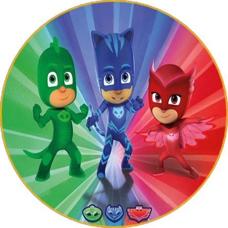 Cialda rotonda per tortaSuper Pigiamini Gattoboy Geco Gufetta decorazione alimentare senza glutine personalizzazione grafica inclusa topper cake design img 03 (Ostia, 20 cm)